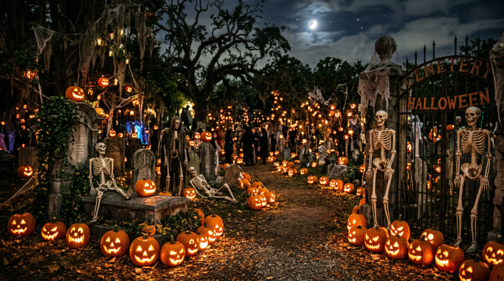 Moonlit Halloween cemetery with skeletons, pumpkins, and a gate reading CEMETERY HALLOWEEN