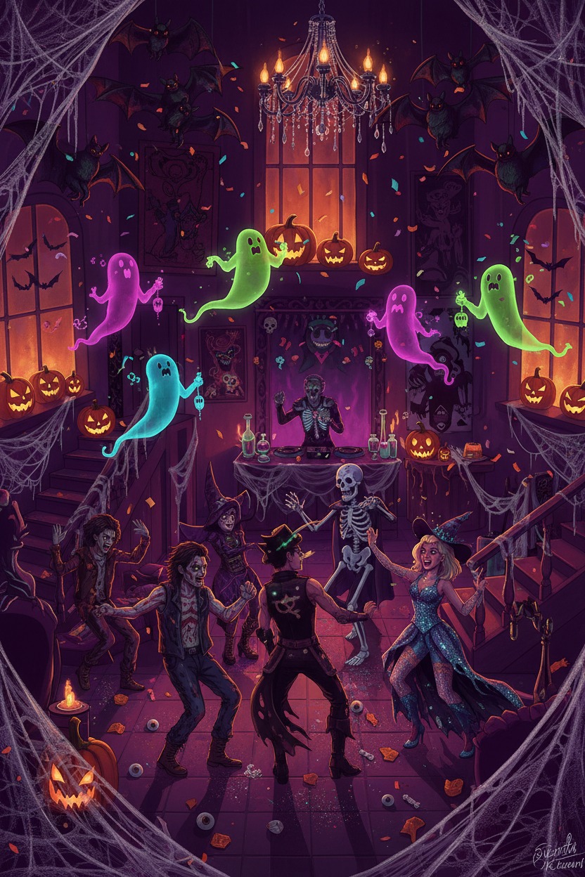 Een feestende groep mensen en wezens in een griezelig versierde zaal vol vleermuizen, pompoenen en zwevende spoken.